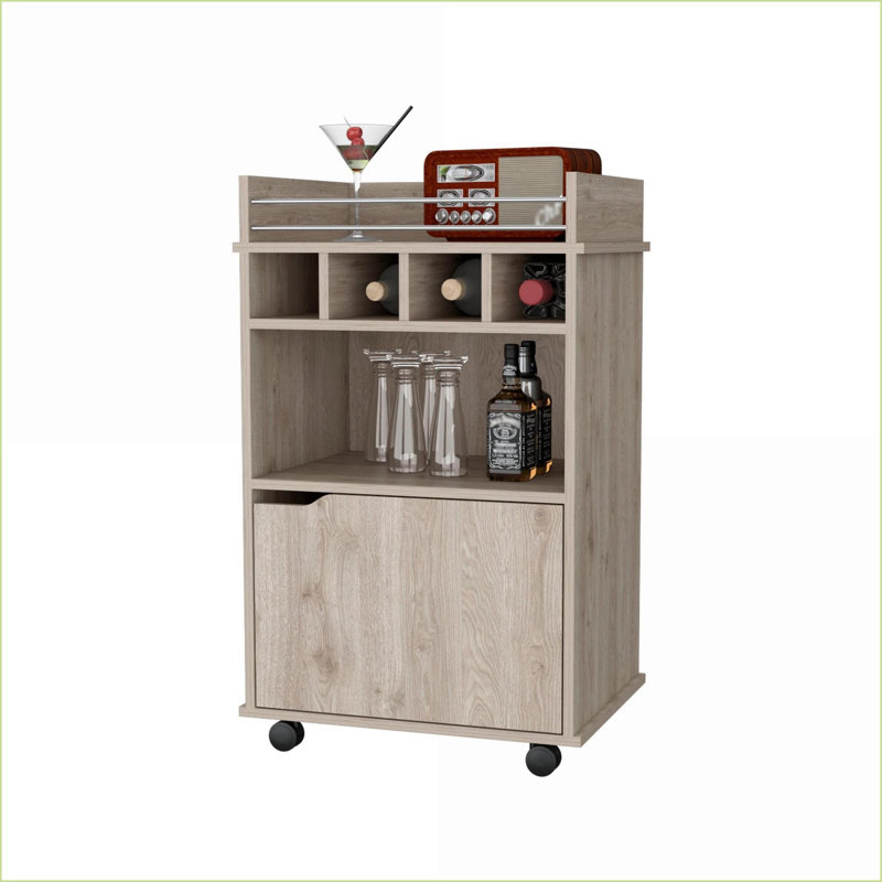 Chariot-bar moderne à 1 porte avec 4 porte-bouteilles | Macadamia en bois d'ingénierie | Petit (moins de 40 po) | Salle à manger