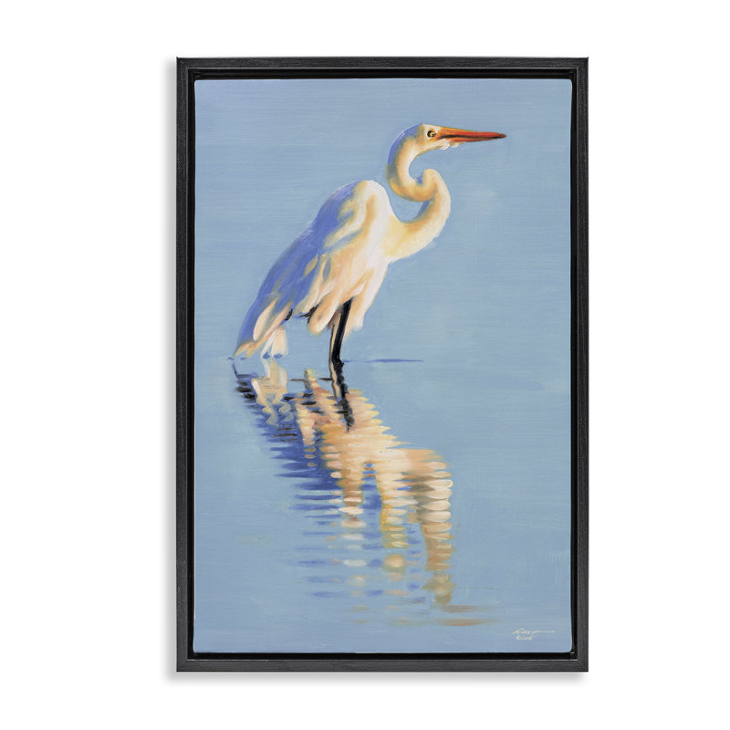 Toile «Blue Egret Reflection» par D. Rust, H 31 po x l 21 po, Cadre flottant noir de jais
