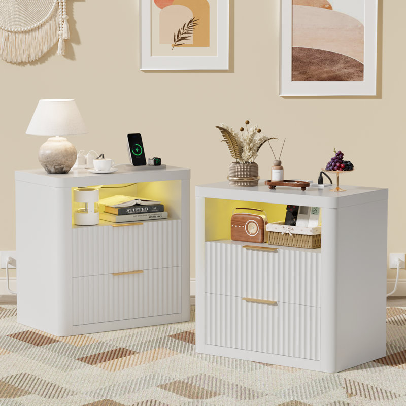 Nightstand with Charging Station & LED Lights, 23'' Wide Heavy-Duty Modern End Table with 2 Drawers & Thickened Top, Bedside Table for Bedroom, Living Room