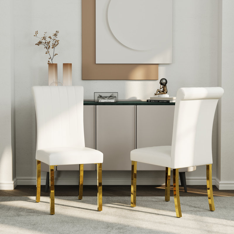 Luxury Leather Dining Room Chairs With Rolled Back Design And Polished Legs, Gold, White
