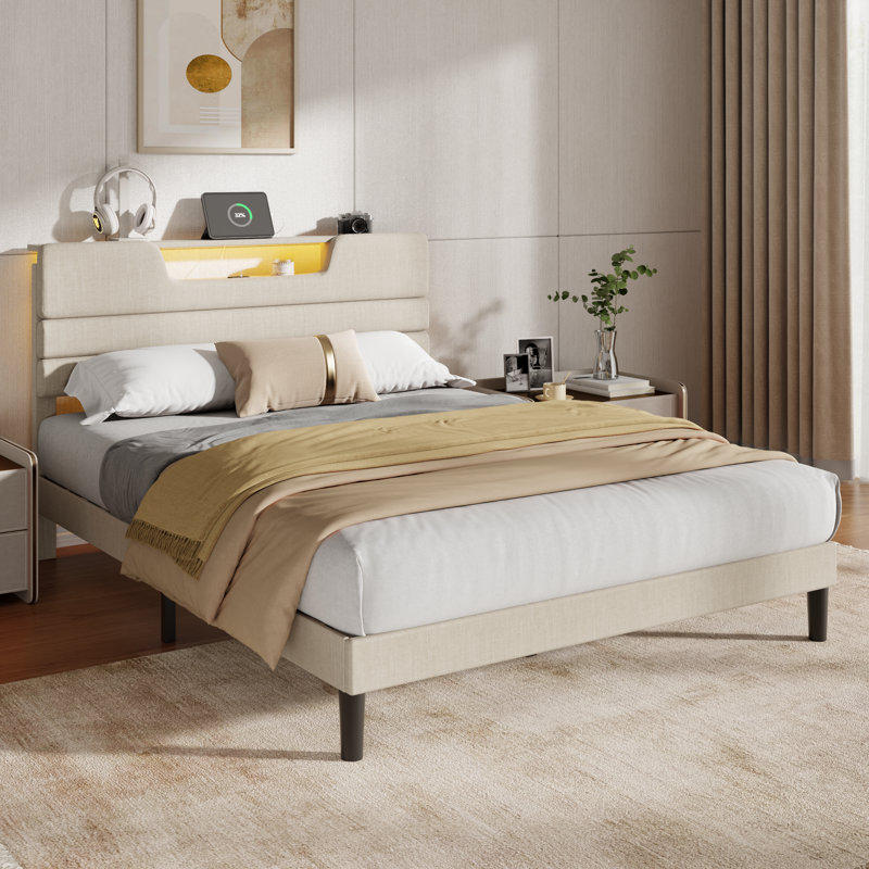 Modern Upholstered Bed Frame with Storage Headboard, LED Lights & Charging Station, Heavy Duty Wooden Slats Support, No Box Spring Needed
