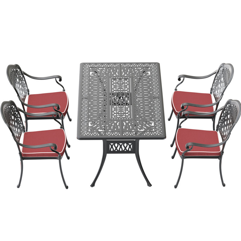 Patio d'extérieur en fonte d'aluminium avec coussins - 5 pièces, noir, corrosion, chaises empilables, table rectangulaire 5, vêtements, table, coussins, sièges 4