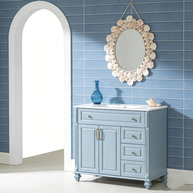 Meuble-lavabo avec lavabo, 3 tiroirs et poignées en métal, Bleu gris