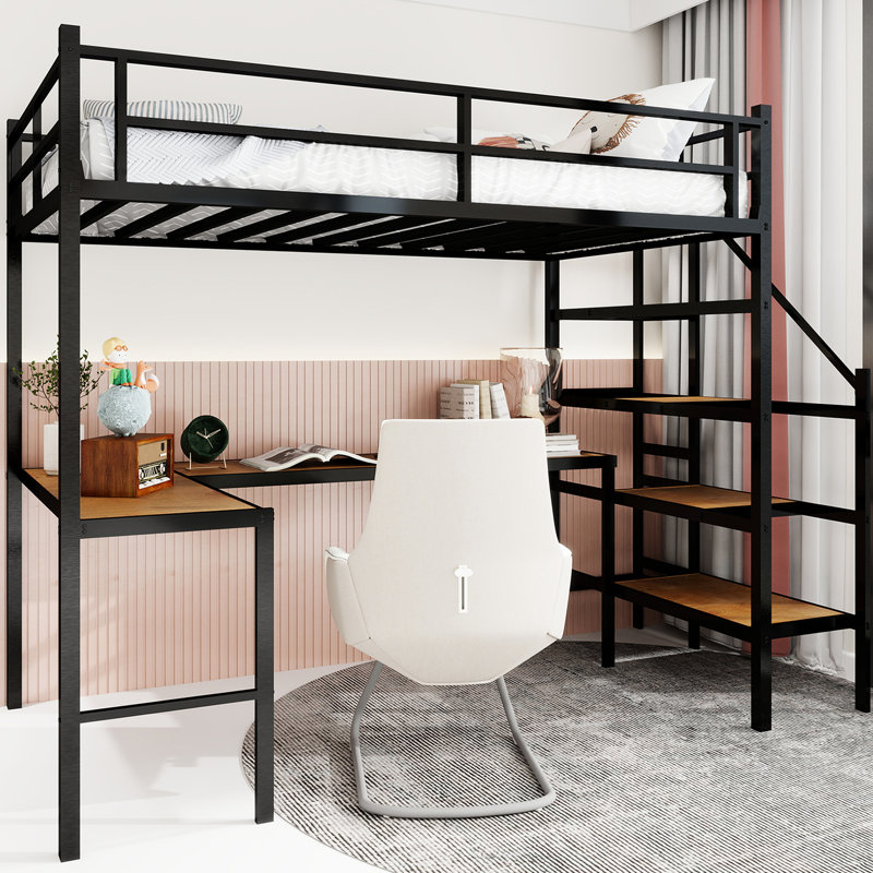 Lit mezzanine simple en fer noir avec embout, escalier, bureau en forme de L et plusieurs espaces de rangement pour la chambre à coucher