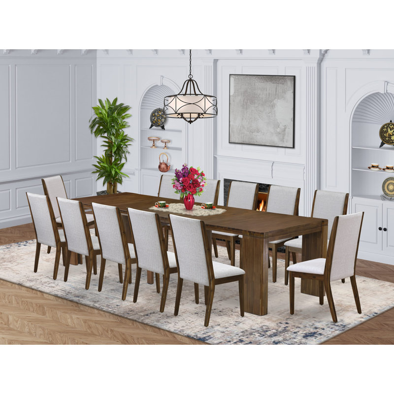 L'ensemble de salle à manger moderne 13 pièces contient une table de cuisine rectangulaire extensible et 12 chaises de salle à manger, noyer antique