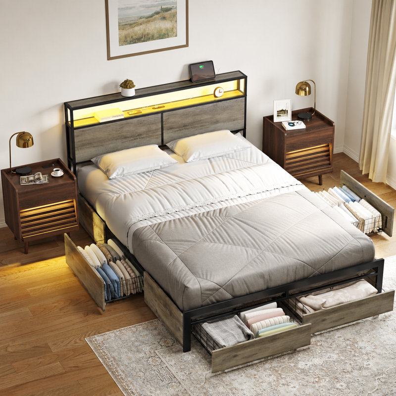 Ensemble de chambre à coucher 3 pièces, lit plateforme avec 4 tiroirs de rangement et charge USB, 2 tables de chevet avec lumières DEL