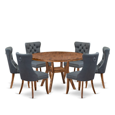 7-piece Dining table set consists of a Kitchen Table and 6 Platinum Gray Polyester fabric Dining Chairs with Button Tufted Back - Antique Walnut Finish