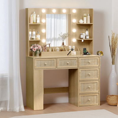 Lighted Vanity Table - 10pcs 3-Color Dimmable Bulbs, 6 Drawers, Power Strip