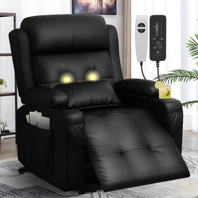 Ebern Designs Power Recliner, Oversized Recliner With Heat And Back Massage, Leather Recline Chair With Storage Armrests, 2 Cup Holders For Living Room, Bedroom