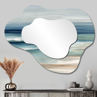 Grand miroir mural asymétrique en métal Coastal - Golden Sunset, vue aérienne de la plage I, imprimé sur métal