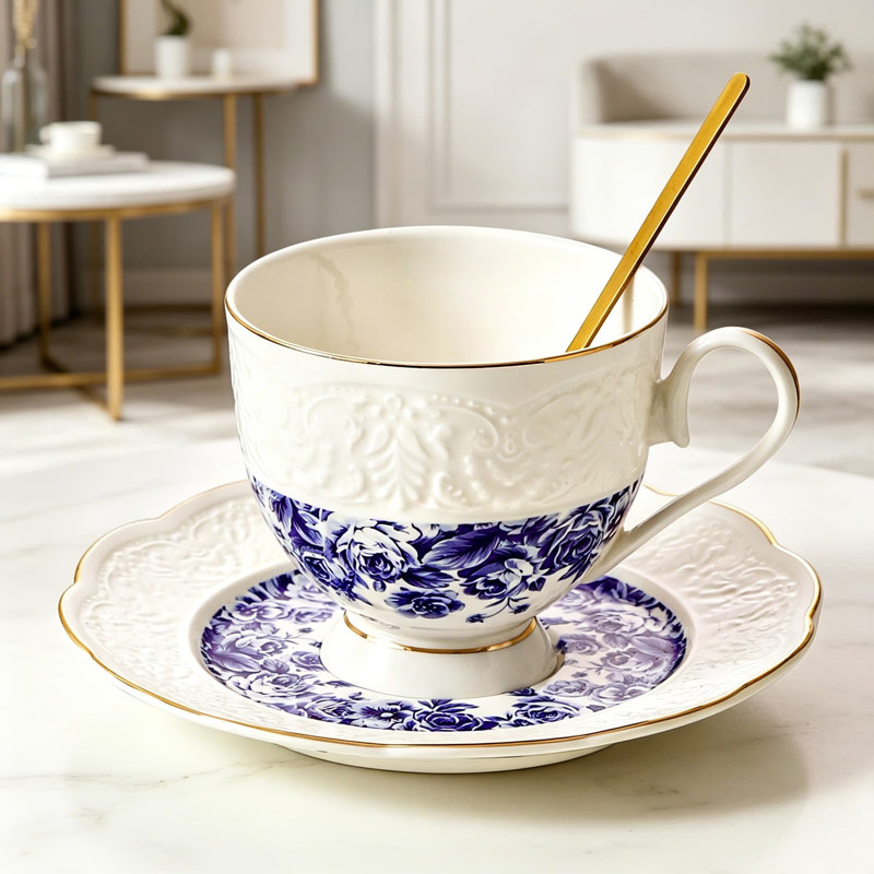 Ensemble de tasses à thé et soucoupes en porcelaine fine gaufrée Interglio, ensemble de 3 tasses à café de style rétro pour femme, cadeau de mariage, rose ciel étoilé