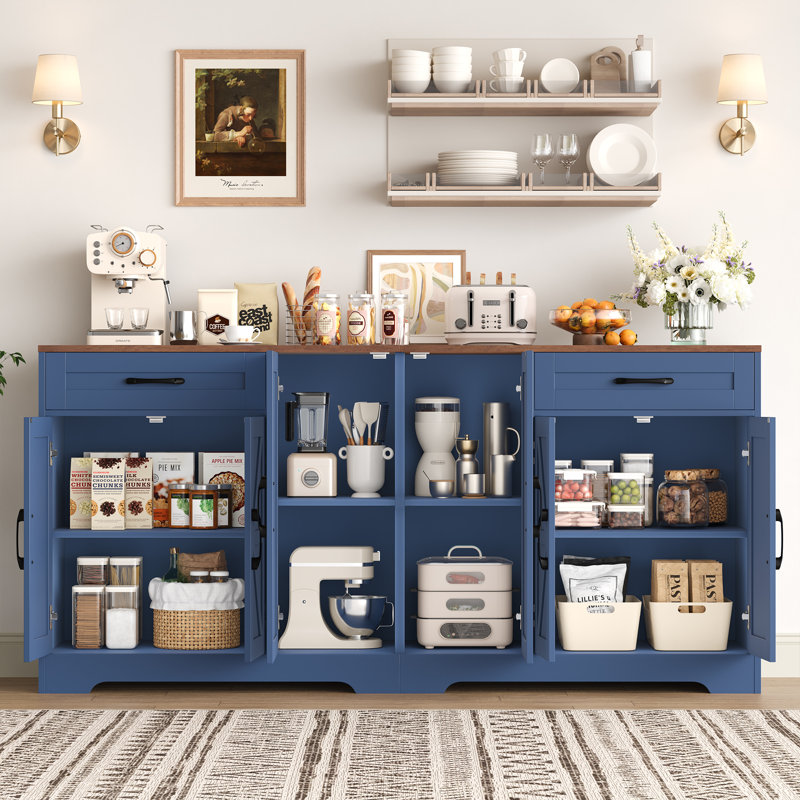 71'' Large Farmhouse Sideboard with Adjustable Shelves and 2 Large Drawers, Brown/Black/Blue