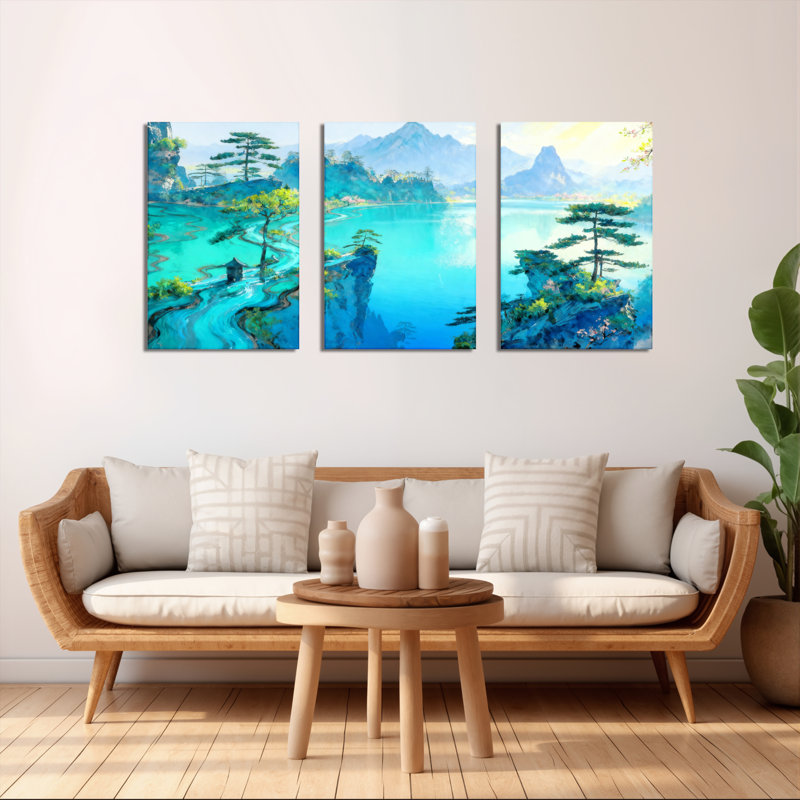 Tableau aquarelle de paysage chinois sur toile tendue (lot de 3), H 24 po x l 48 po
