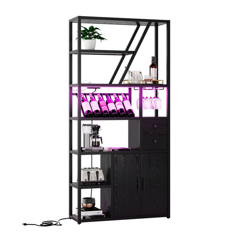 Wine Bar Cabinet with LED Lights, Tall Coffee Bar Station with Power Outlets and Wine Rack, Kitchen Microwave Stand Bakers Rack Cabinet for Living Room