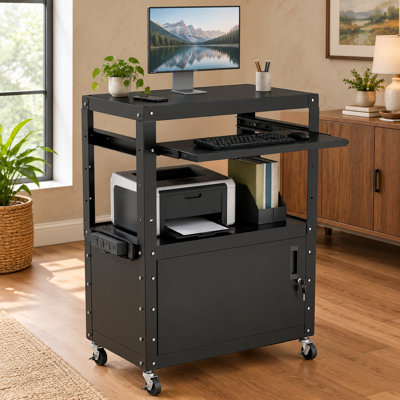 Chariot audiovisuel à roulettes et à hauteur réglable pour la maison ou le bureau - plateau à clavier coulissant, armoire verrouillable, 3 prises de courant, 2 ports USB et roues avec freins verrouillables