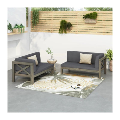 Brava 2-Piece Outdoor Corner Bench Set with X-Back Design and Acacia Wood Frame in Dark Grey