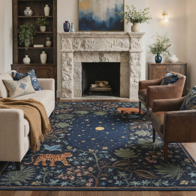 Tapis bleu marine rétro lavable à la machine avec envers antidérapant