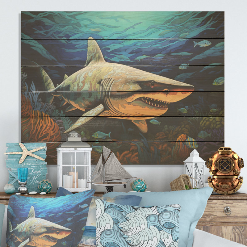 Photographie de profondeur de requin taureau I - art en bois de requin sur bois de pin naturel, H 10 po x l 20 po