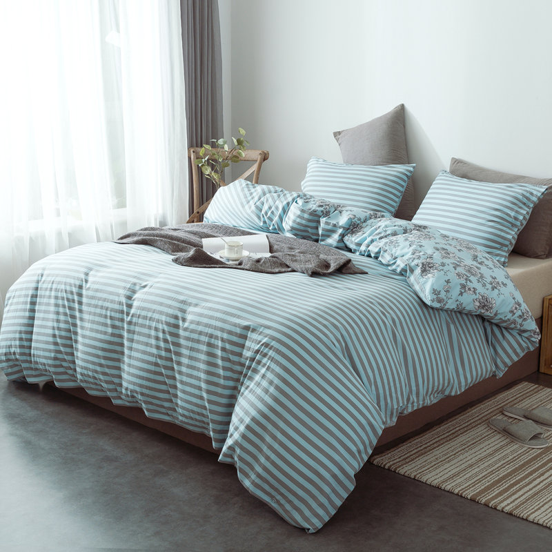 Green Floral and Stripe 3-Piece Cotton Queen Duvet Cover Set
