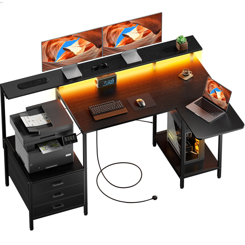 L-Shaped Metal Base Computer Desk with Power Outlet, Black