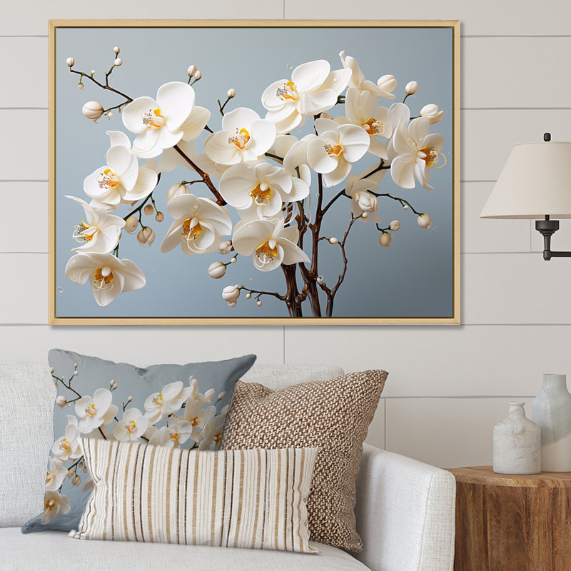 Orchidées blanches, nature morte, photographie I - orchidées murales, salon, H 24 po x l 32 po x P 1 po, Cadre flottant blanc