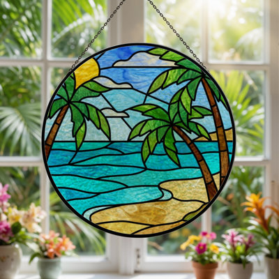 7.8"H Tropical Beach Stained Glass Window Panel