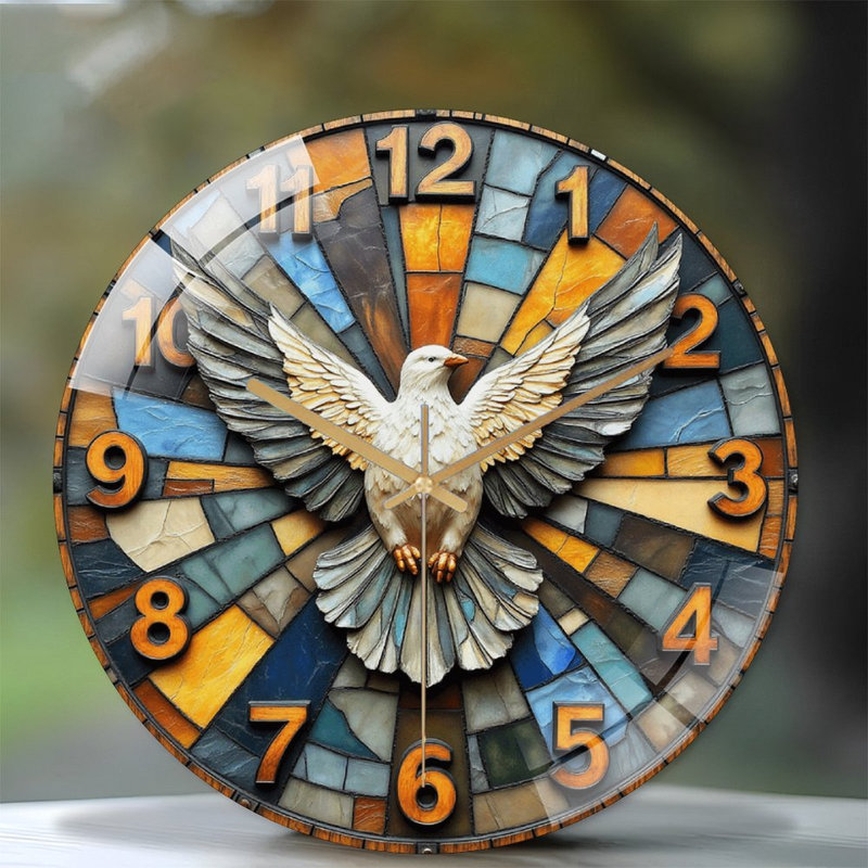 Horloge murale vitrail avec motif d'oiseaux et couleurs - Horloge murale 12 po