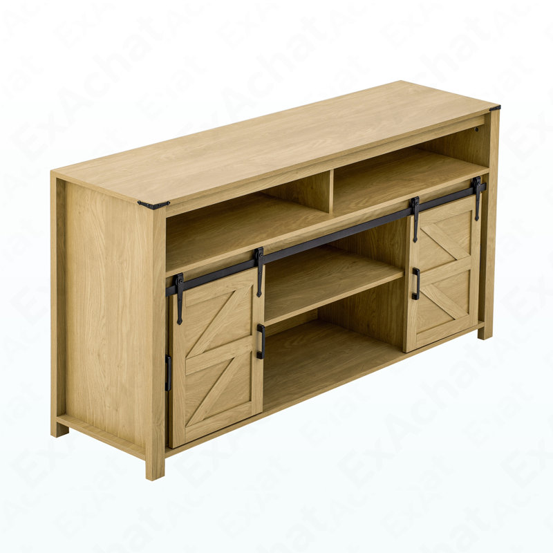 59.3'' Sideboard Buffet With Sliding Barn Door, Mesh Panels & Open Storage For Home & Office, Natural