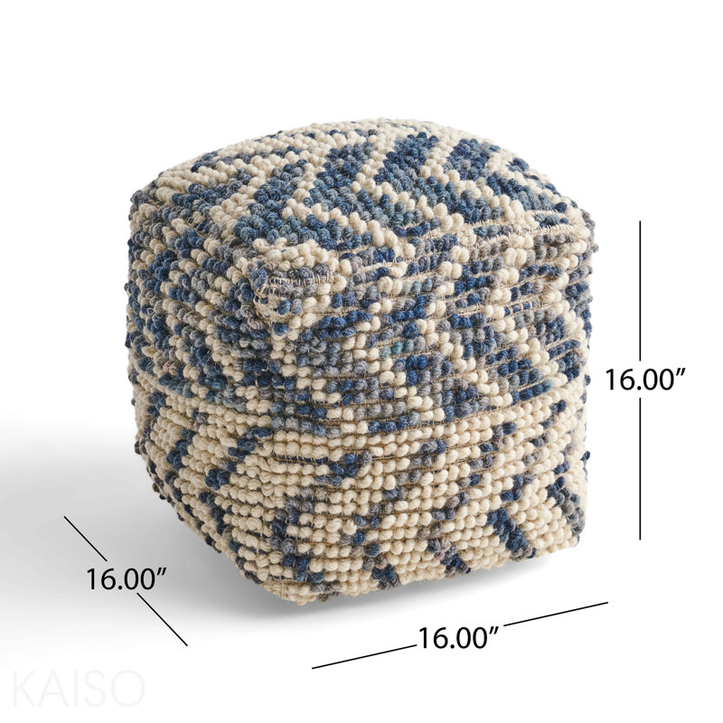 Wool and Cotton Pouf Ottoman - Natural/Blue