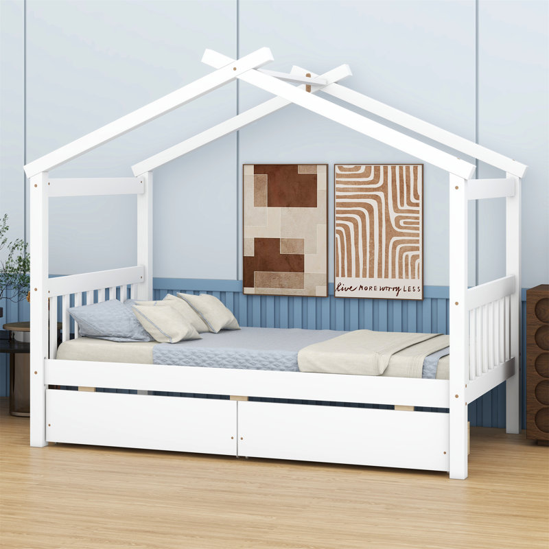 Wooden House Bed With Drawers, White, Full / Double