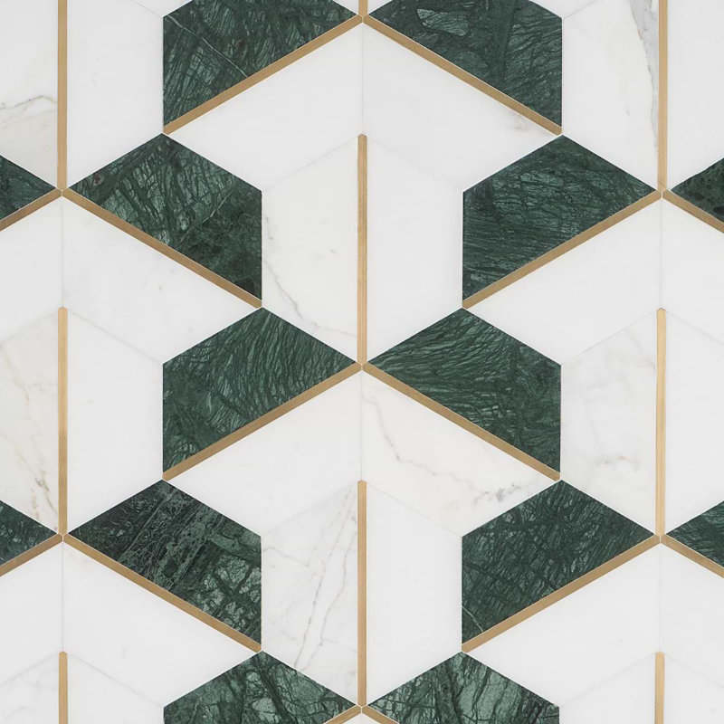 Decade Polished Marble And Brass Mosaic, Verde