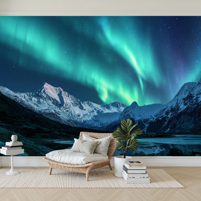 Peel and Stick Wallpaper 96" W x 69" H Modern Self Adhesive Wall Mural for Bedroom Aurora Borealis Snowy Mountains Northern Lights Landscape Starry Sky