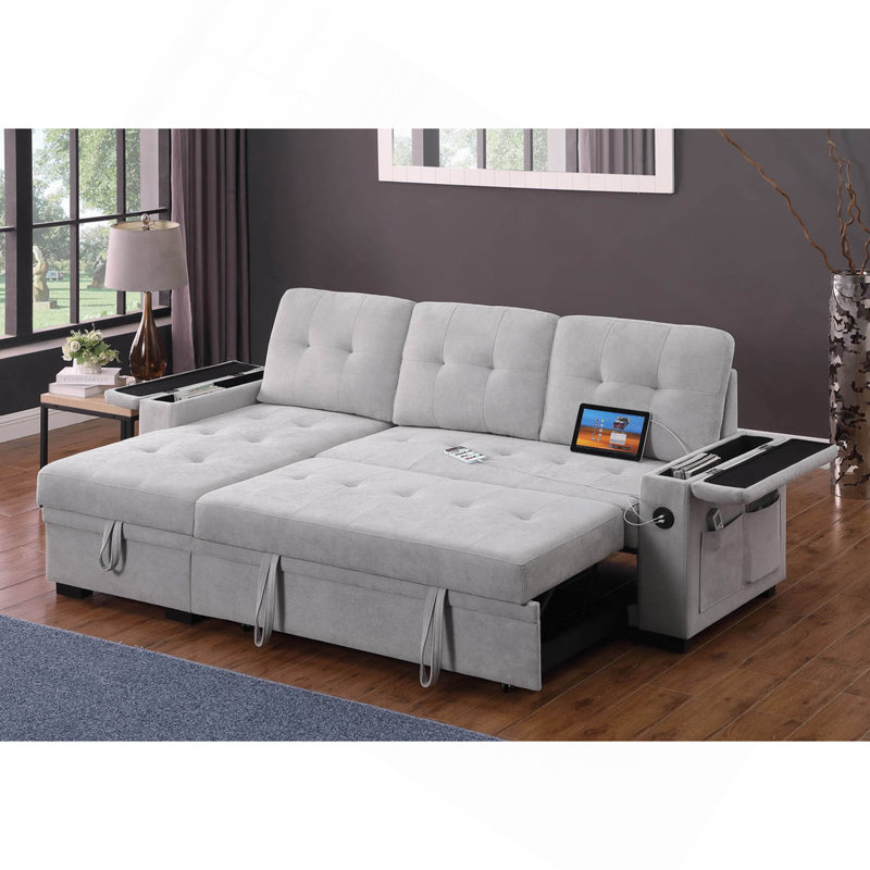 Canapé-lit modulaire réversible en tissu tissé avec méridienne de rangement, gris