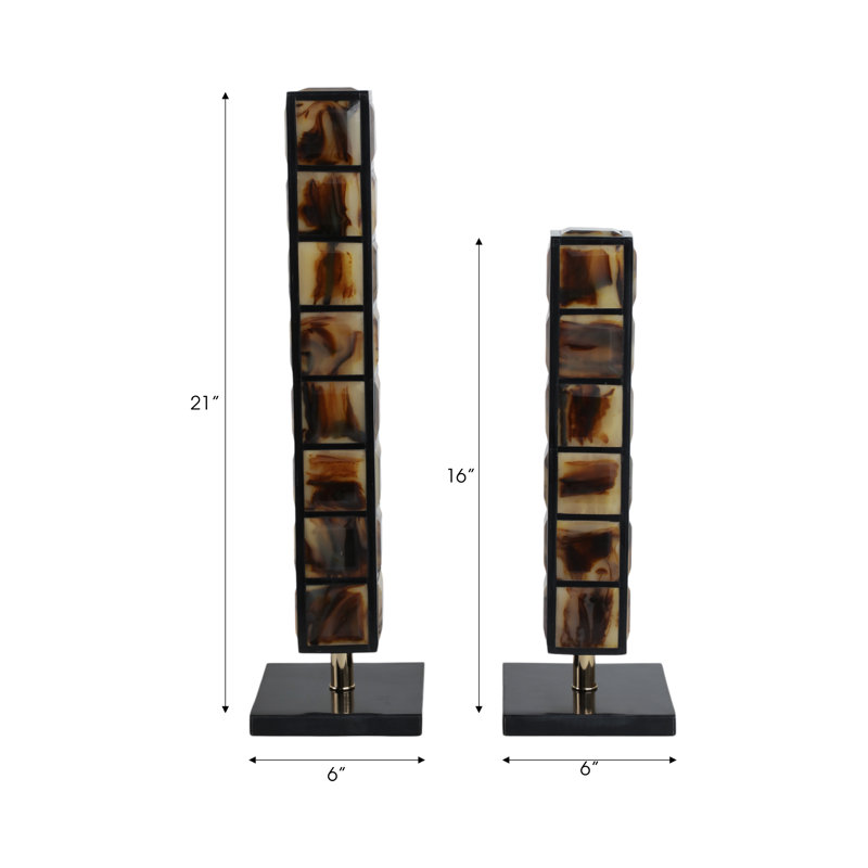 Decorative Geometric Column Sculptures with Square Accents, Brown