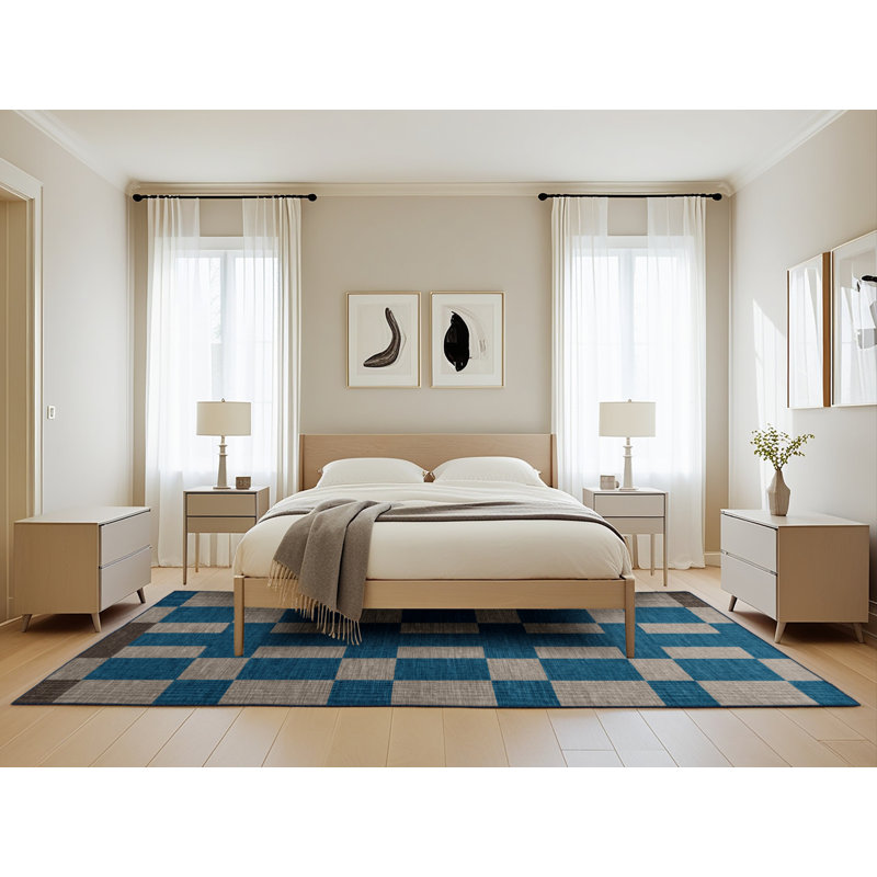 Tapis bleu à carreaux lavable à la machine, Rectangle de 5 pi x 8 pi