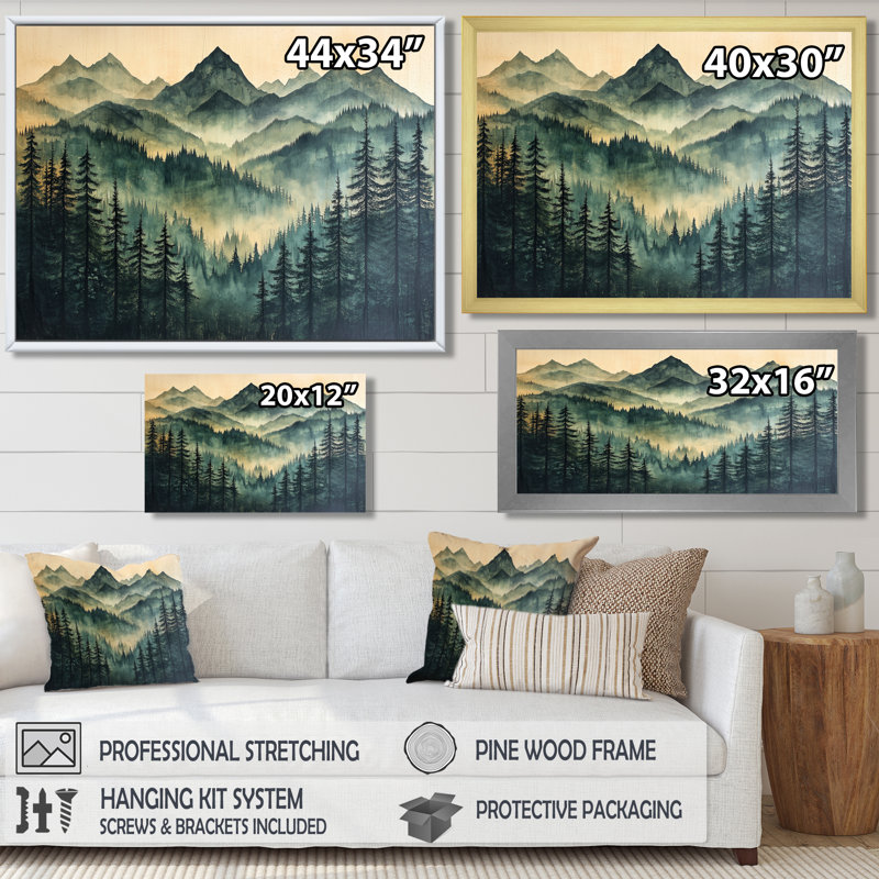 Giacobba Calm Mountain Silhouette In Woodlands II - Mountains Framed Prints, Black, 28" H x 60" W, Floater Framed Print