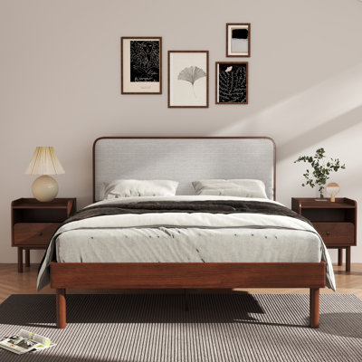 Wyller 3-Piece Bedroom Set, Platform Bed With Two Nightstands, Natural Walnut, Queen