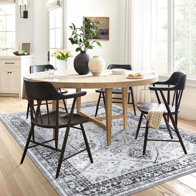 Tapis de salon délavé à motif floral lavable, Rectangle 9 pi x 12 pi