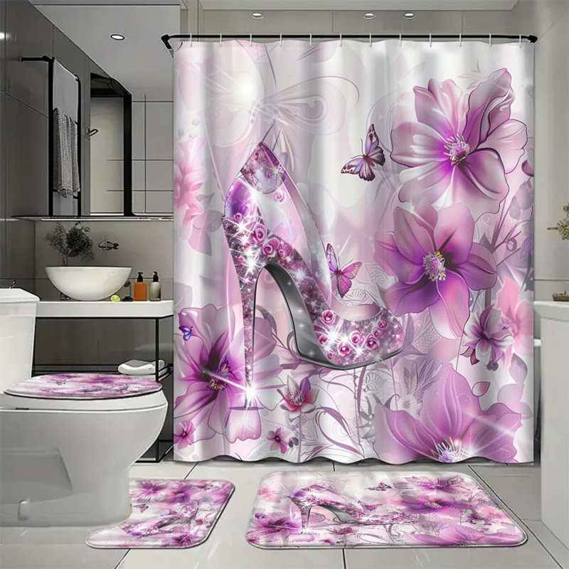 Ensemble 4 pièces de rideaux de douche mauve à motif floral