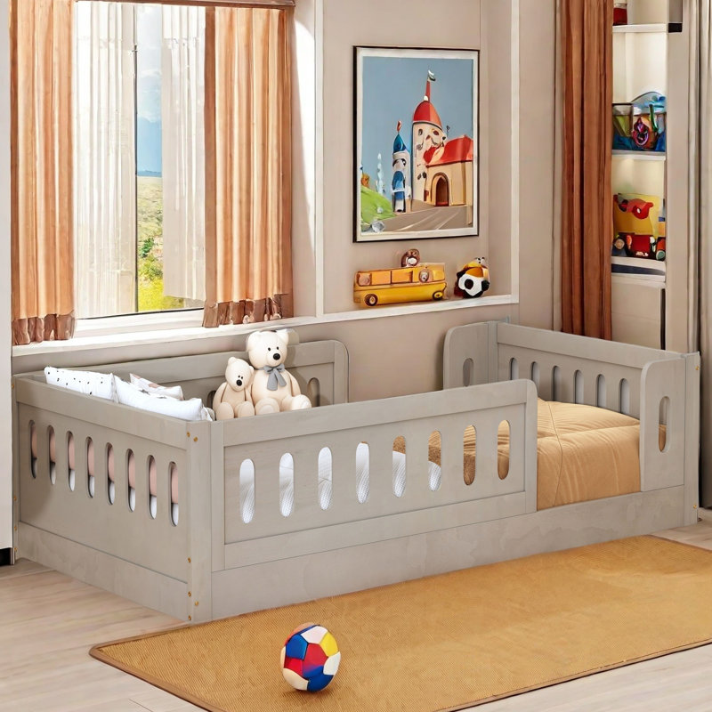 Wooden Platform Bed With Semi-enclosed Fence, Natural