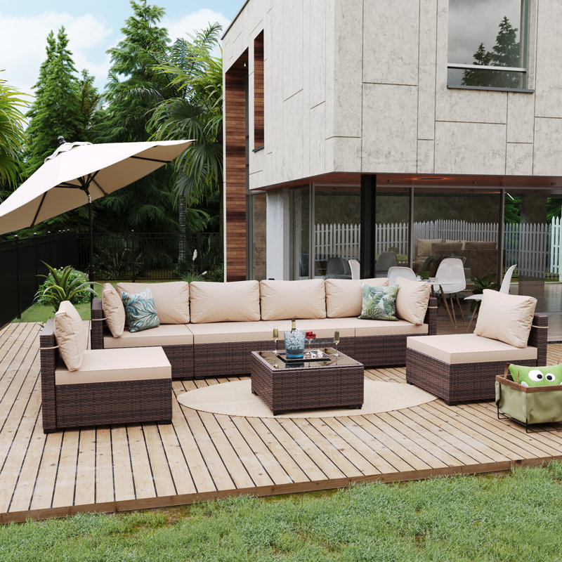 Ensemble de conversation d'extérieur en rotin 7 pièces avec coussins 7 pièces, Beige