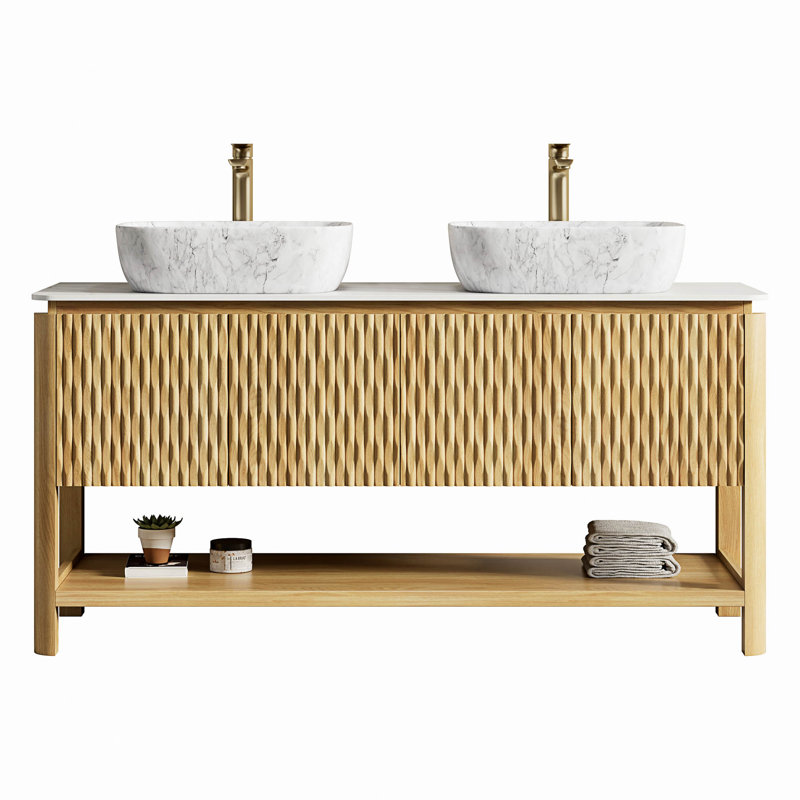 60" Bathroom Vanity & Sinks, Freestanding Plywood Storage Cabinet with 4 Bamboo Texture Doors&Open Shelf, 2 Marble Pattern Ceramic Basins&Carrara White Sintered Stone Top