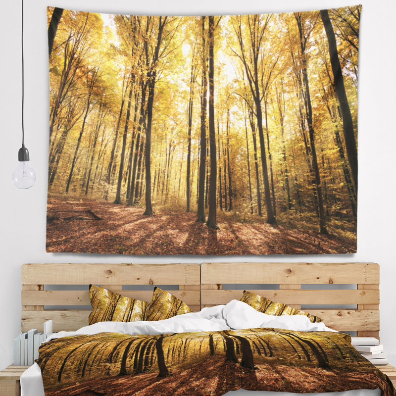 Tapisserie de soleil couchant sur une forêt d'automne dense, H 68 po x l 80 po
