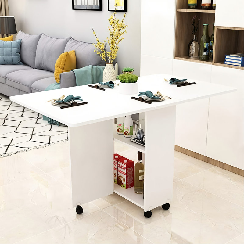 Table rabattable de 47,2 po x 23,6 po x 30,3 po avec 6 roulettes et 2 couches de rangement, finition blanche, facile à nettoyer, pour les petits espaces 47,2 po