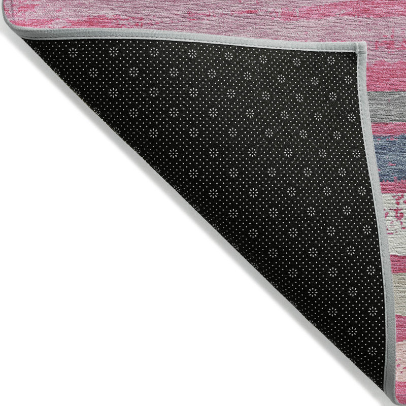 Pink and Gray Striped Washable Synthetic Area Rug