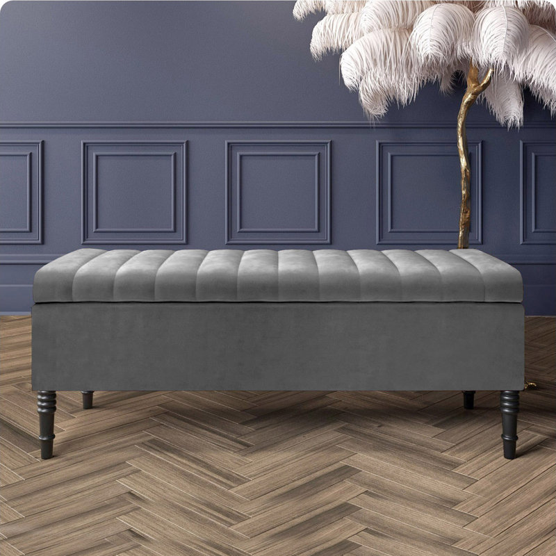 Paris Striped Ottoman Storage Bench - Upholstered Plush Velvet Shoes Bench with Black Turned Wooden Legs, Grey