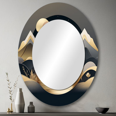 Dreamy Golden Mountain II - Grand miroir mural ovale sur métal