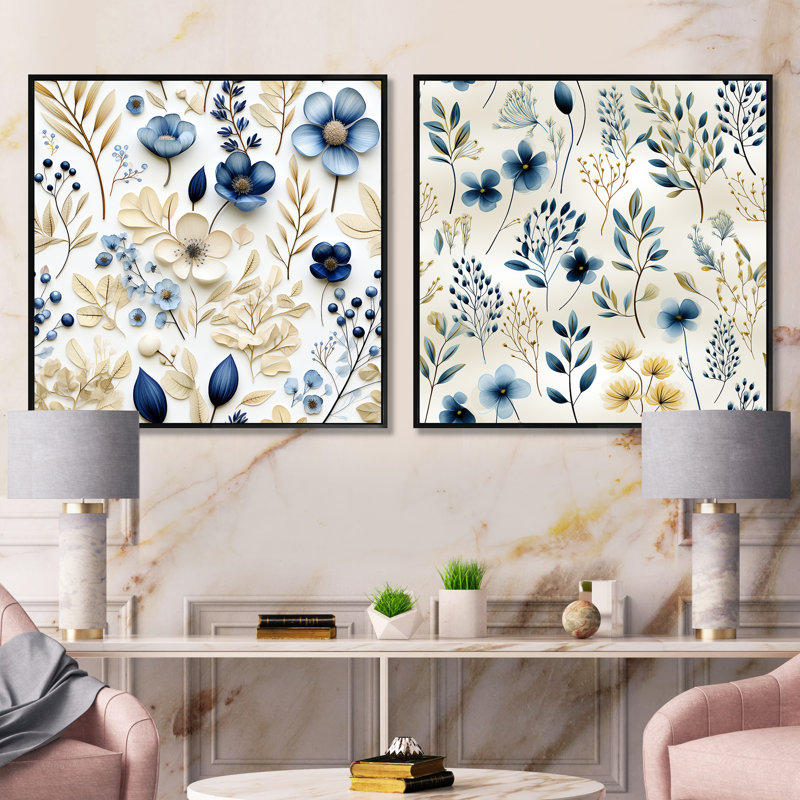 Stretford - Ensemble de 2 collages carrés floral et botanique, Cadre flottant noir, H 36 po x l 73 po