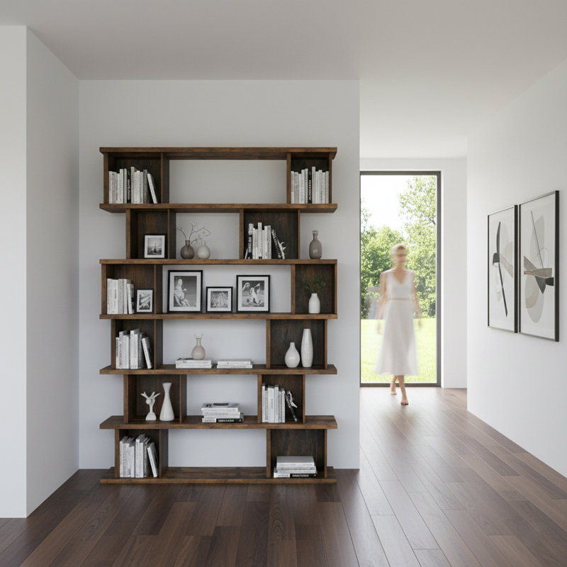Bibliothèque rustique moderne à 7 niveaux avec tablettes asymétriques