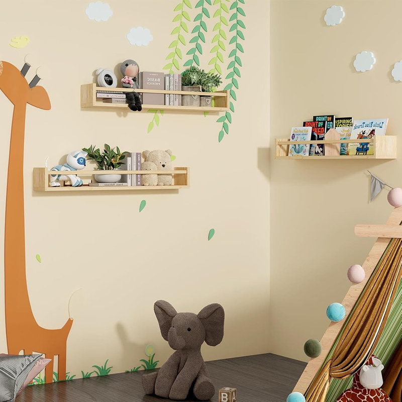 Ensemble de 3 étagères pour livres de chambre de bébé - étagères flottantes murales en bois massif pour livres, jouets et rangement décoratif (bois naturel)